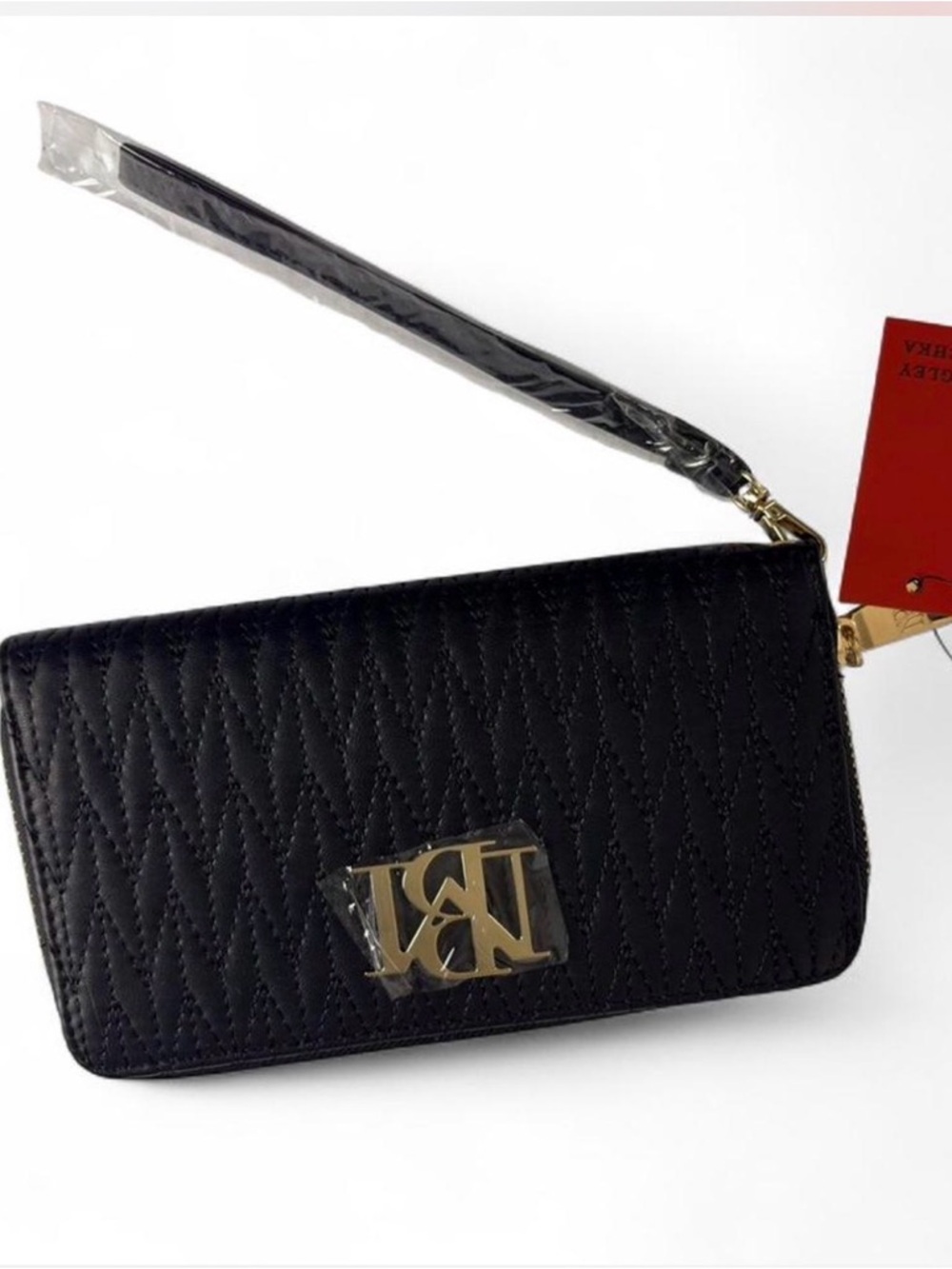 Badgley Mischka Black Quilted Long Wallet with Phone Pocket and Wristlet